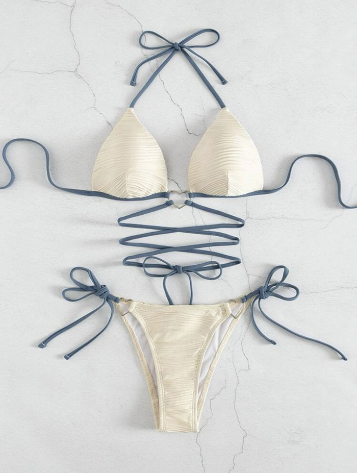 Women's Heart Print Drawstring Lace-Up Bikini