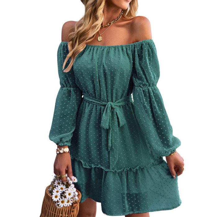 Women's Off Shoulder Gauze Dress, Elastic Collar Long Sleeve With Lining and Waist