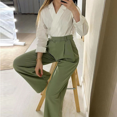 Solid Color Suit Collar Long Sleeve Shirt High Waist Straight Trousers Suit