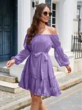 Women's Off Shoulder Gauze Dress, Elastic Collar Long Sleeve With Lining and Waist