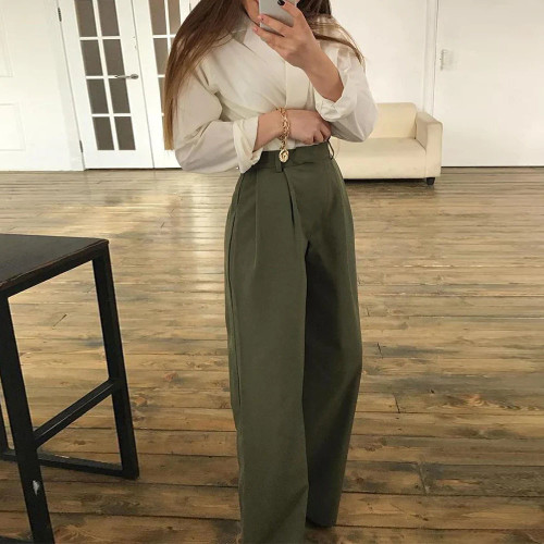 Solid Color Suit Collar Long Sleeve Shirt High Waist Straight Trousers Suit