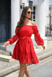 Women's Off Shoulder Gauze Dress, Elastic Collar Long Sleeve With Lining and Waist