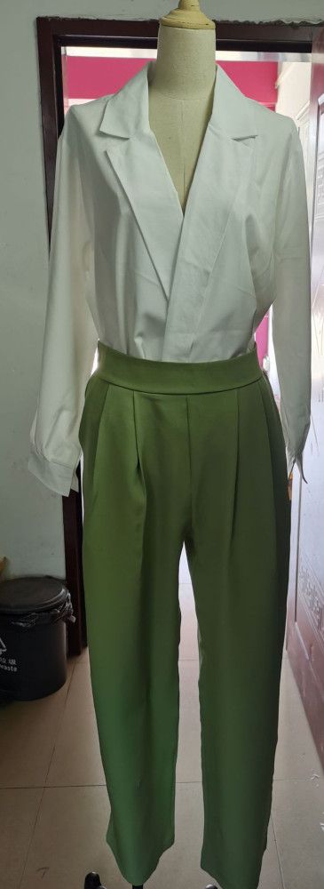 Solid Color Suit Collar Long Sleeve Shirt High Waist Straight Trousers Suit