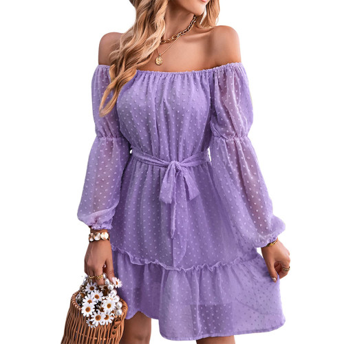 Women's Off Shoulder Gauze Dress, Elastic Collar Long Sleeve With Lining and Waist