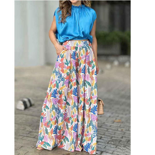 Fashion Loose Top High Waist Printed Wide Leg Pants Suit