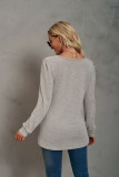 Solid U-neck Pleated Long Sleeve Casual Bubble Sleeve T-shirt