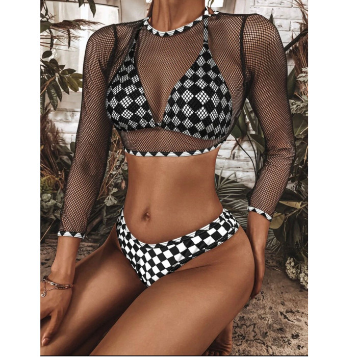 Mesh Top+Plaid Bikini 3 Piece Bathing suit