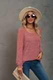 Solid U-neck Pleated Long Sleeve Casual Bubble Sleeve T-shirt