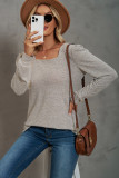Solid U-neck Pleated Long Sleeve Casual Bubble Sleeve T-shirt