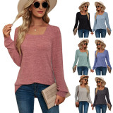 Solid U-neck Pleated Long Sleeve Casual Bubble Sleeve T-shirt