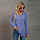 Solid U-neck Pleated Long Sleeve Casual Bubble Sleeve T-shirt