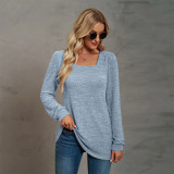 Solid U-neck Pleated Long Sleeve Casual Bubble Sleeve T-shirt