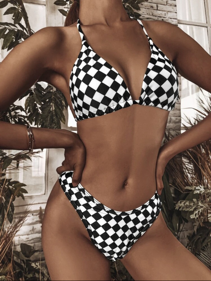 Mesh Top+Plaid Bikini 3 Piece Bathing suit