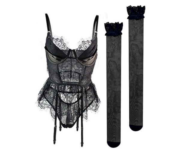 Lace Sexy 3 Piece Lingerie Set With Stocking