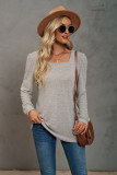 Solid U-neck Pleated Long Sleeve Casual Bubble Sleeve T-shirt