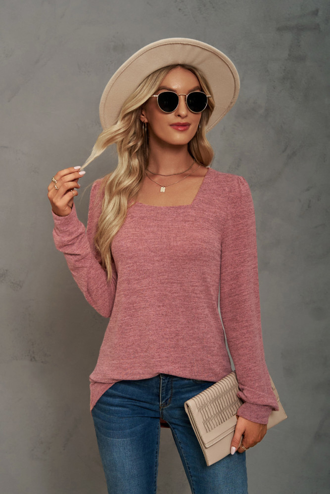 Solid U-neck Pleated Long Sleeve Casual Bubble Sleeve T-shirt