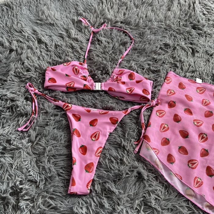 Strawberry Print Lovely 3 Piece Bikini Set