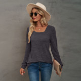 Solid U-neck Pleated Long Sleeve Casual Bubble Sleeve T-shirt