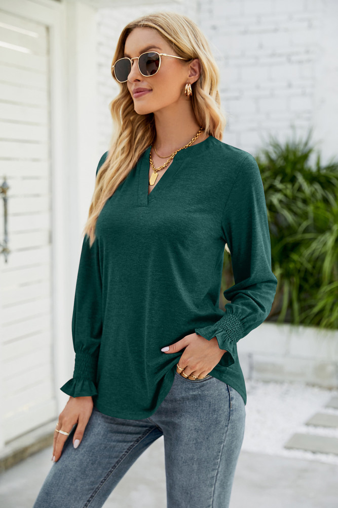 Casual V-neck Solid Color Ruffle Sleeve Loose T-shirt
