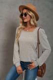 Solid U-neck Pleated Long Sleeve Casual Bubble Sleeve T-shirt