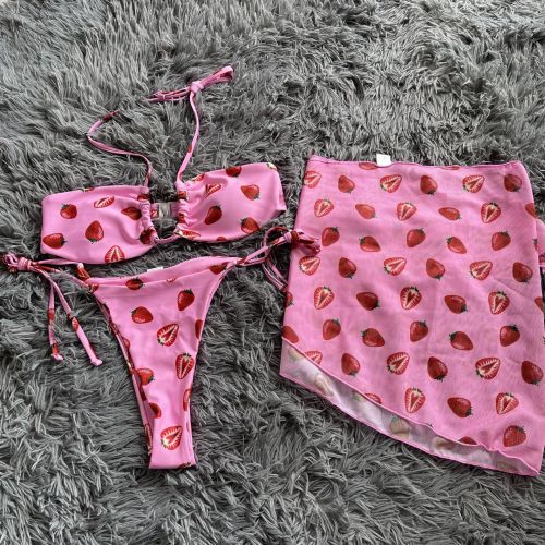 Strawberry Print Lovely 3 Piece Bikini Set