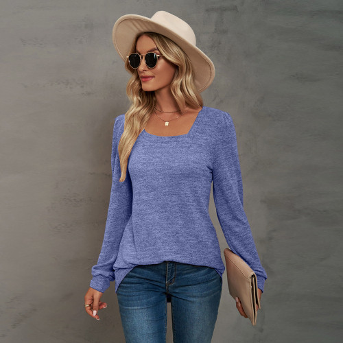 Solid U-neck Pleated Long Sleeve Casual Bubble Sleeve T-shirt