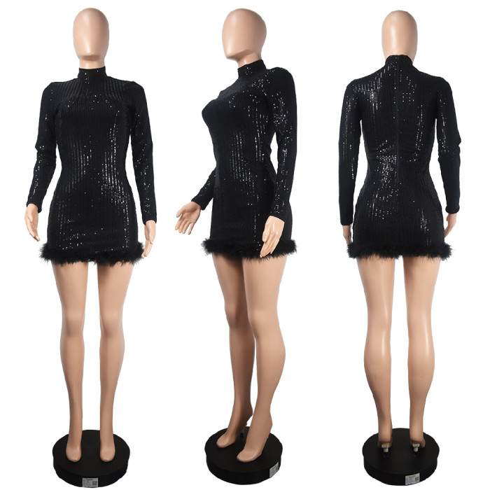 Long Sleeve Round Neck Sequin Feather Party Dress