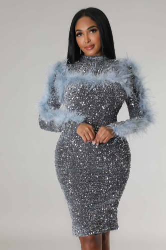 Hollow Out Long Sleeve Feather Nightclub Sequins Dress