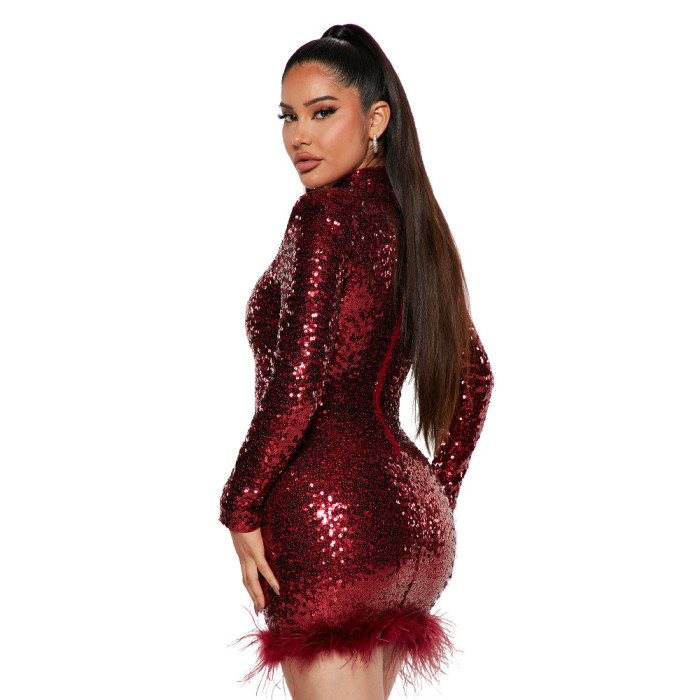 Long Sleeve Round Neck Sequin Feather Party Dress