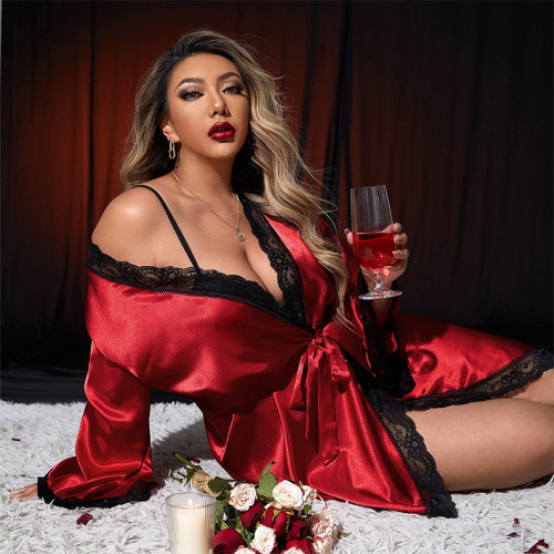 Plus Size Red Satin Lingerie Robe