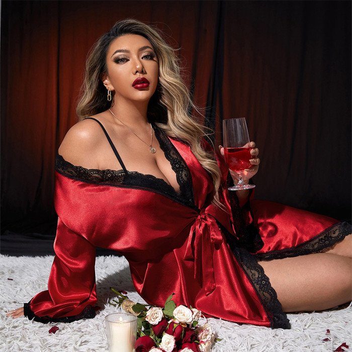 Plus Size Red Satin Lingerie Robe