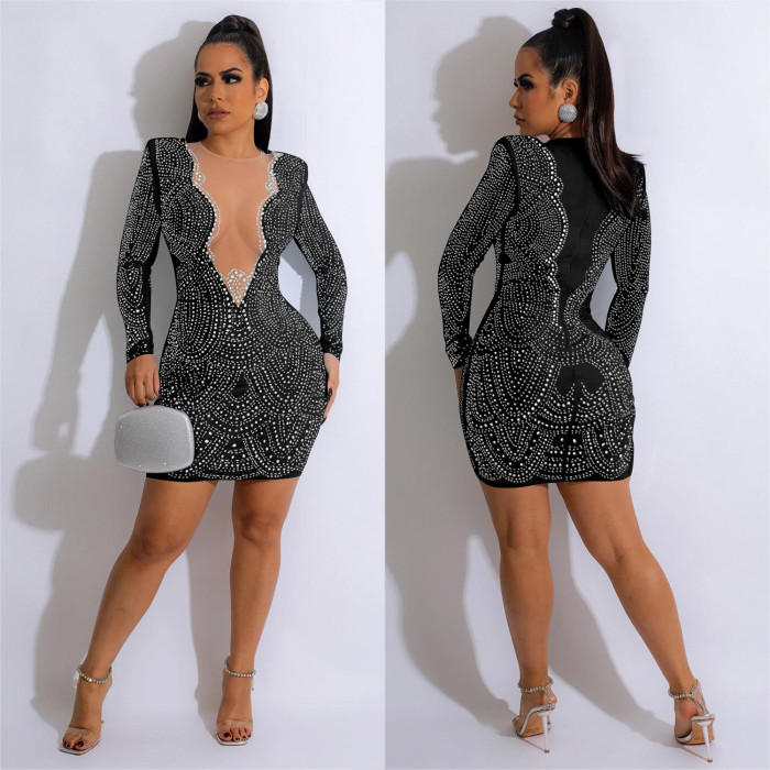 Mesh Rhinestone Sexy Cocktail Dinner Dress