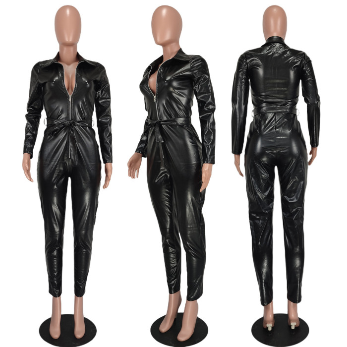 PU Leather Long Sleeve Jumpsuit