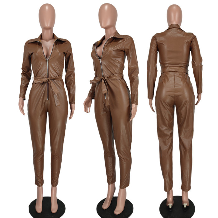 PU Leather Long Sleeve Jumpsuit