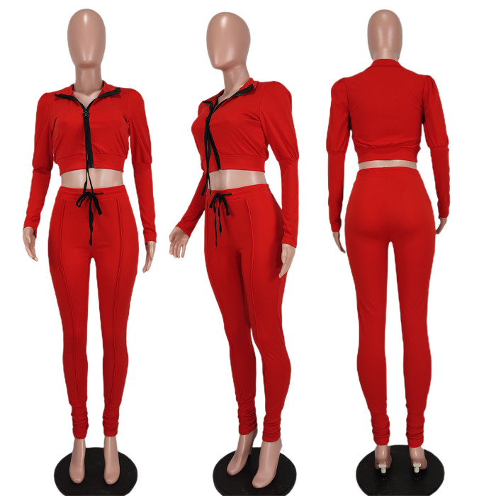 Women Casual Solid Two-piece Sports Suit