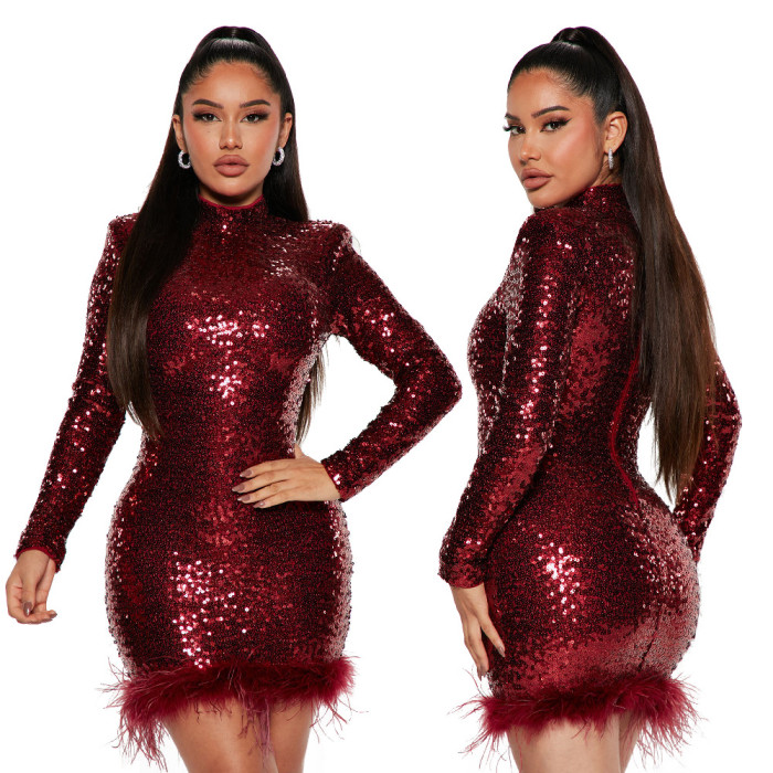 Long Sleeve Round Neck Sequin Feather Party Dress