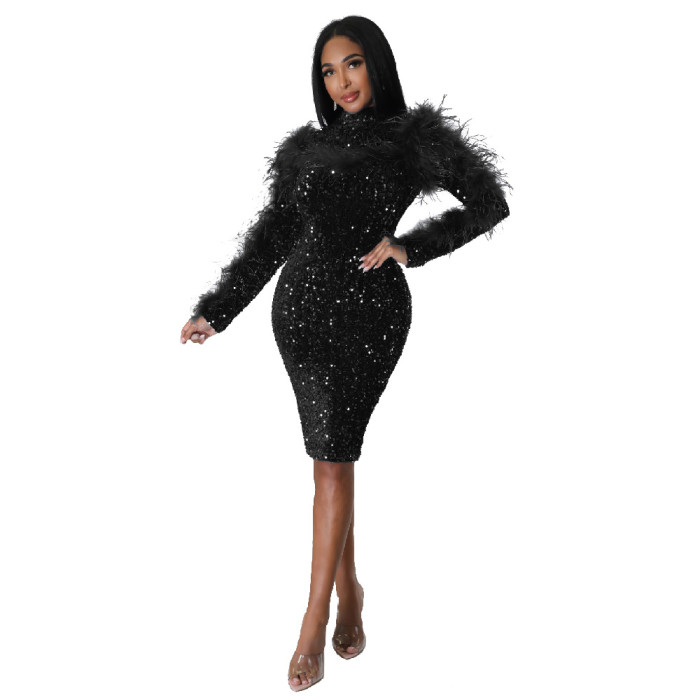 Hollow Out Long Sleeve Feather Nightclub Sequins Dress