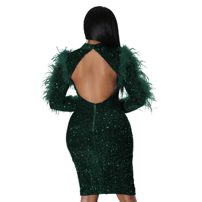 Hollow Out Long Sleeve Feather Nightclub Sequins Dress