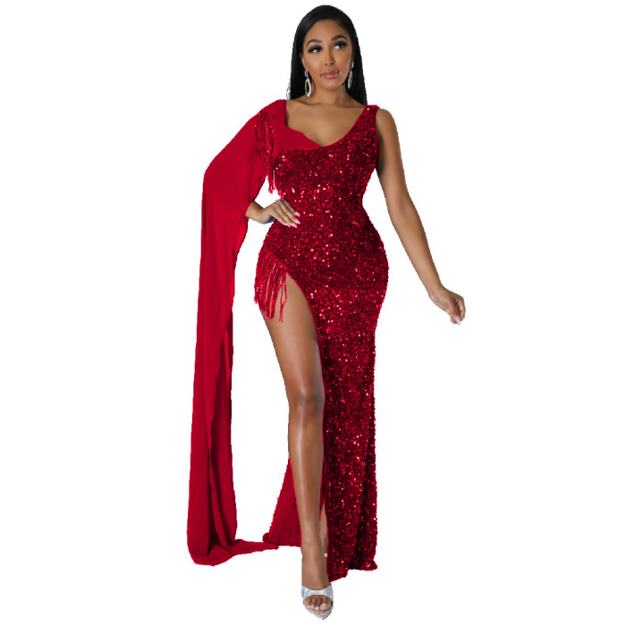Side Slit Sexy Sequin Gown Evening Dress