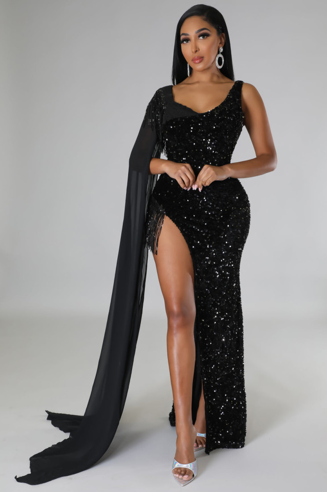 Side Slit Sexy Sequin Gown Evening Dress