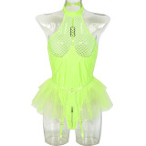 PU Patent Leather Mesh Connected With Patchwork Neck Mesh Garter one-piece Suit