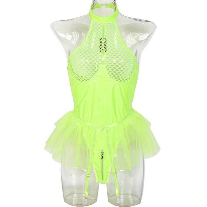 PU Patent Leather Mesh Connected With Patchwork Neck Mesh Garter one-piece Suit