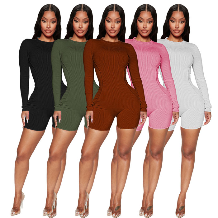 Ribbed Long Sleeve Bodysuit Short Jumpsuit