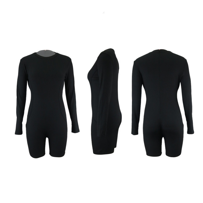 Ribbed Long Sleeve Bodysuit Short Jumpsuit