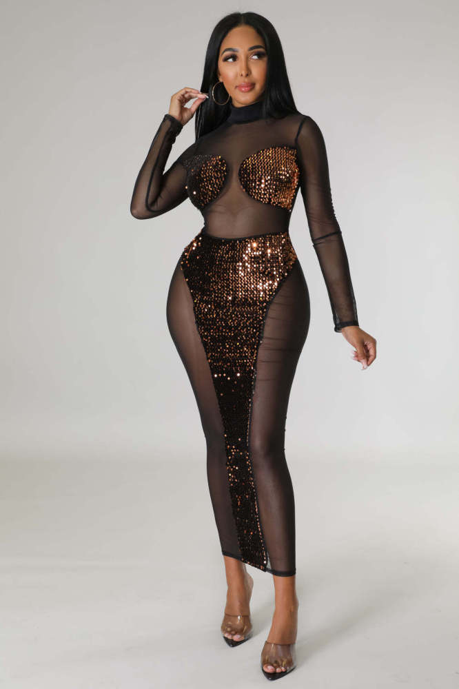 Transparent Mesh Patchwork Sequin Sexy Nightclub Dress