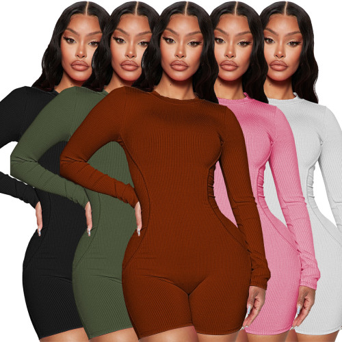 Ribbed Long Sleeve Bodysuit Short Jumpsuit