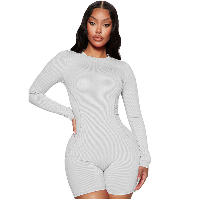 Ribbed Long Sleeve Bodysuit Short Jumpsuit