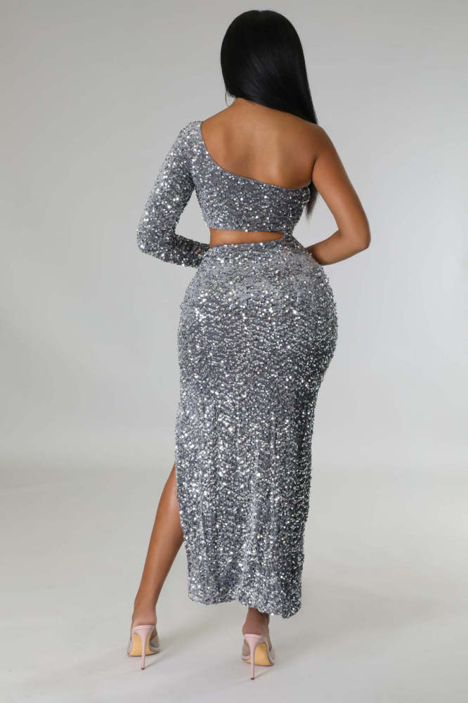 Cut Out One Piece Sequin Slit Sexy Dress