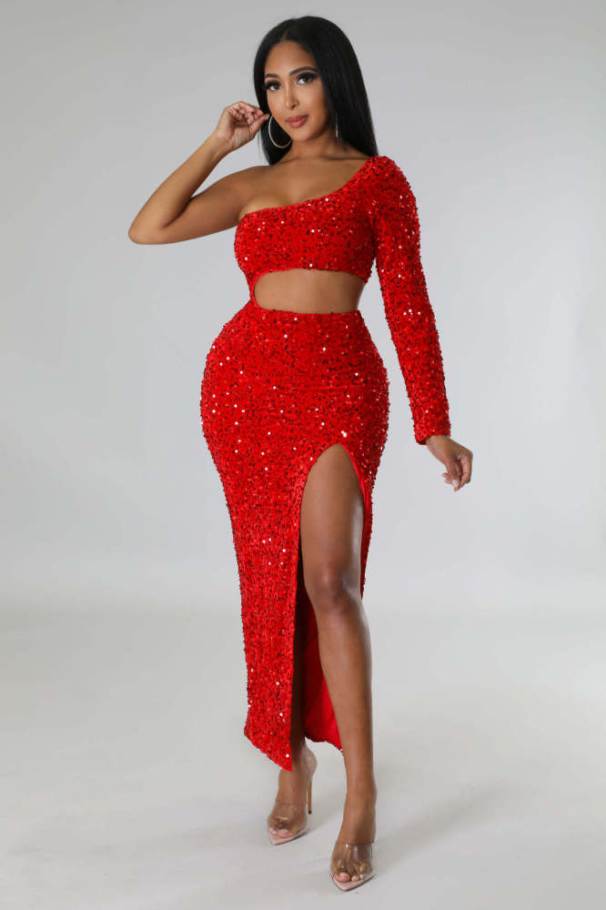Cut Out One Piece Sequin Slit Sexy Dress