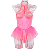PU Patent Leather Mesh Connected With Patchwork Neck Mesh Garter one-piece Suit